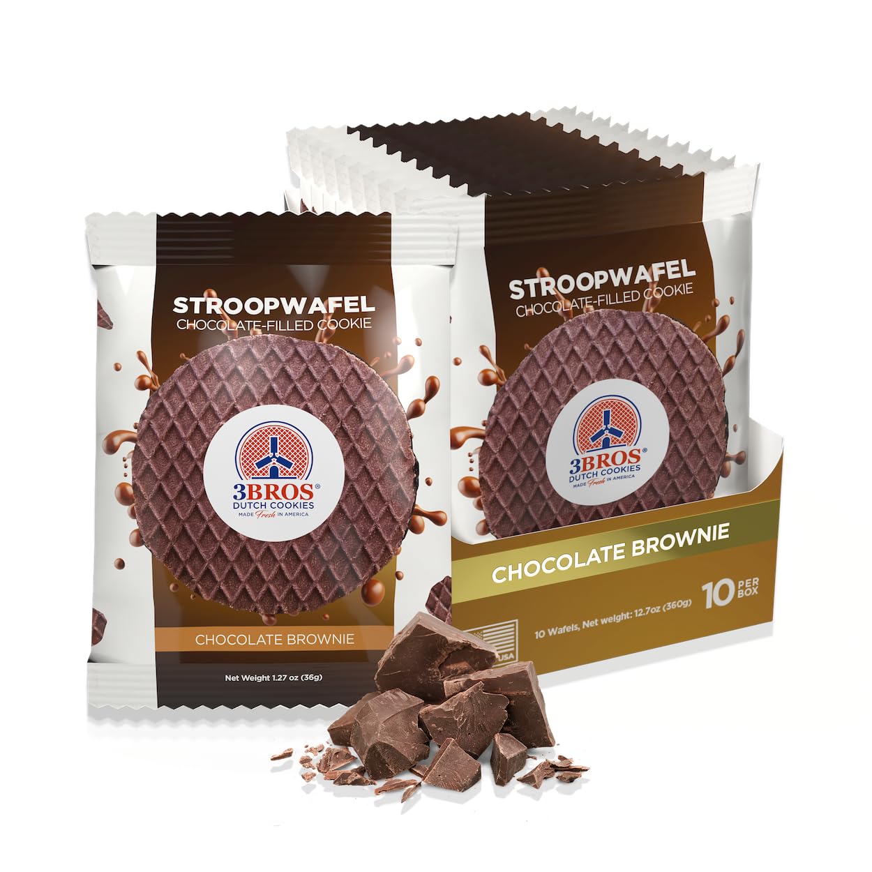 3Bros Stroopwafels, Dutch Caramel-Filled Waffle Cookies, Individually Wrapped, 10 Count, Made in USA (Chocolate)