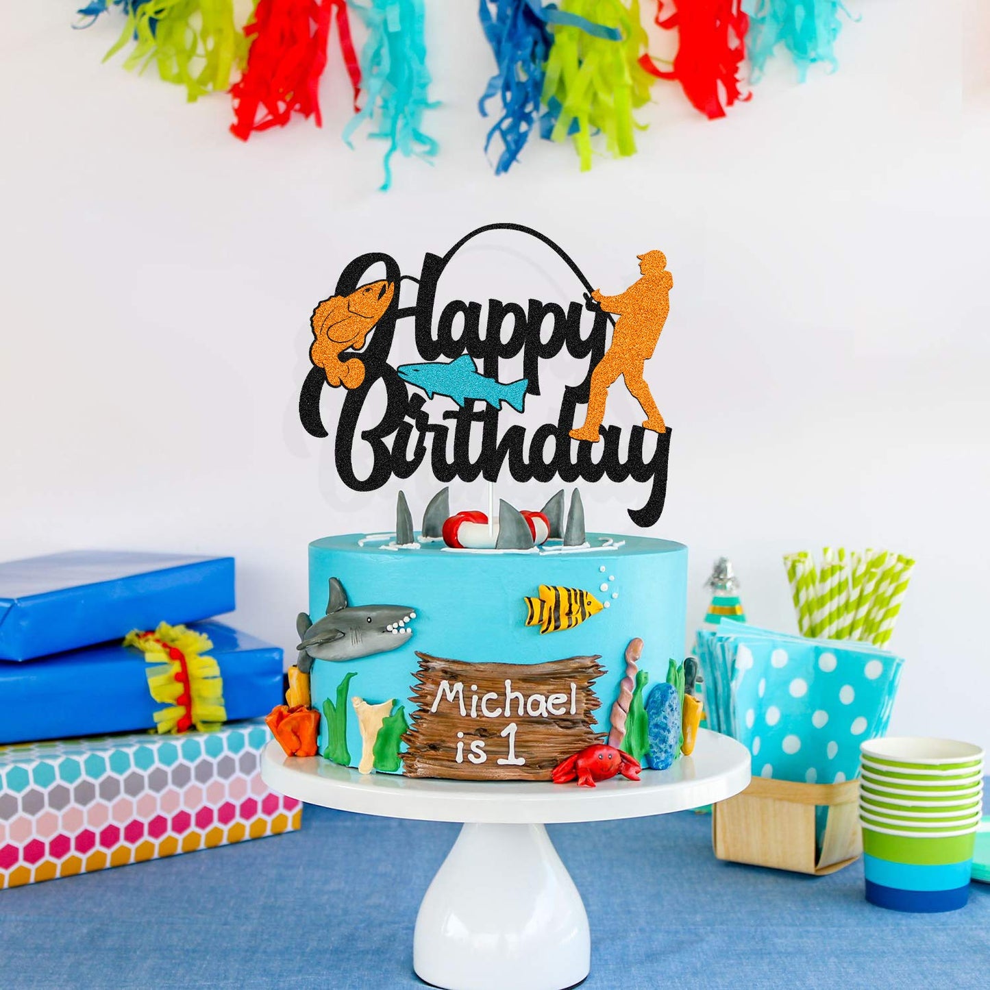 YOYMARR Fish Cake Topper Happy Birthday Sign, Black Glitter Decor, 7.3 x 5.9 for Fisherman Themed Party