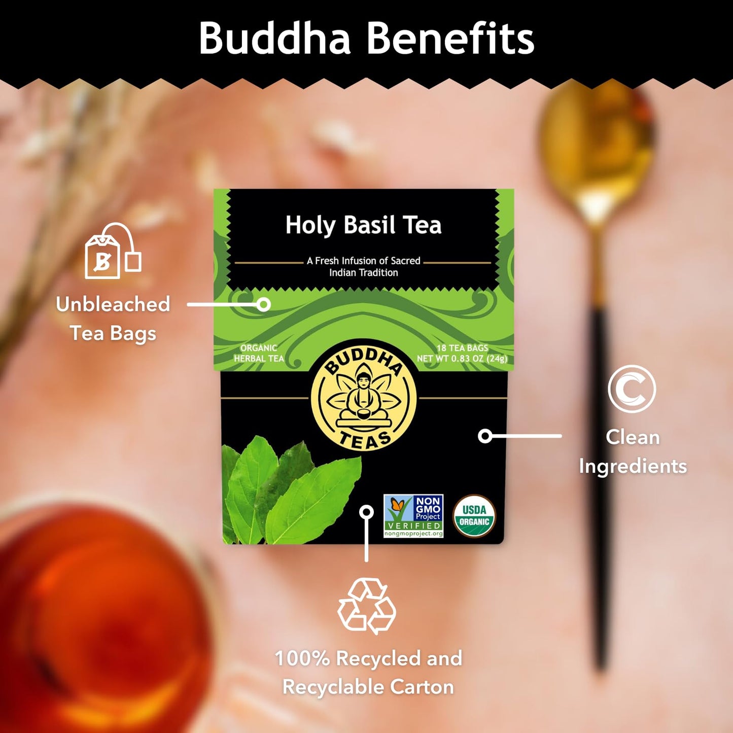 Buddha Teas Organic Herbal Tea - Holy Basil - 18 Count - Caffeine Free - Non-GMO - Kosher