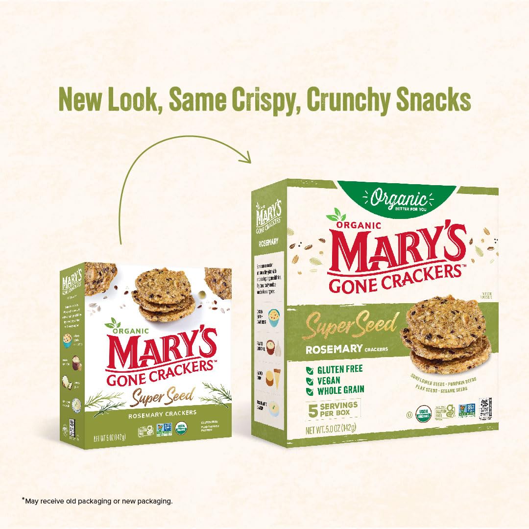 Marys Gone Crackers Super Seed Crackers, Organic Plant Based Protein, USDA Certified Organic, Gluten Free & Non-GMO, Rosemary,