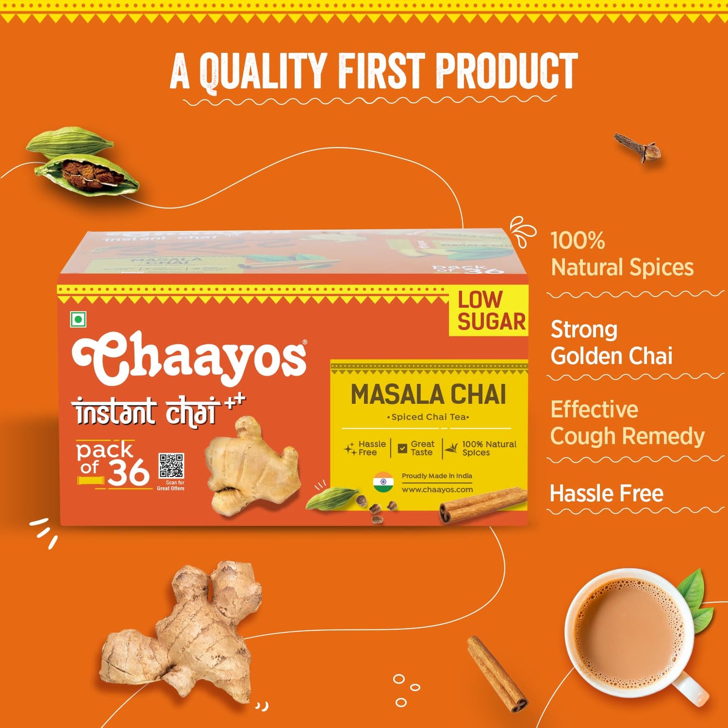 Chaayos Instant Tea Premix - Masala Chai Flavour - Low Sugar (36 Sachets) | Instant Tea | Tea Premix | Masala Tea | Masala Chai