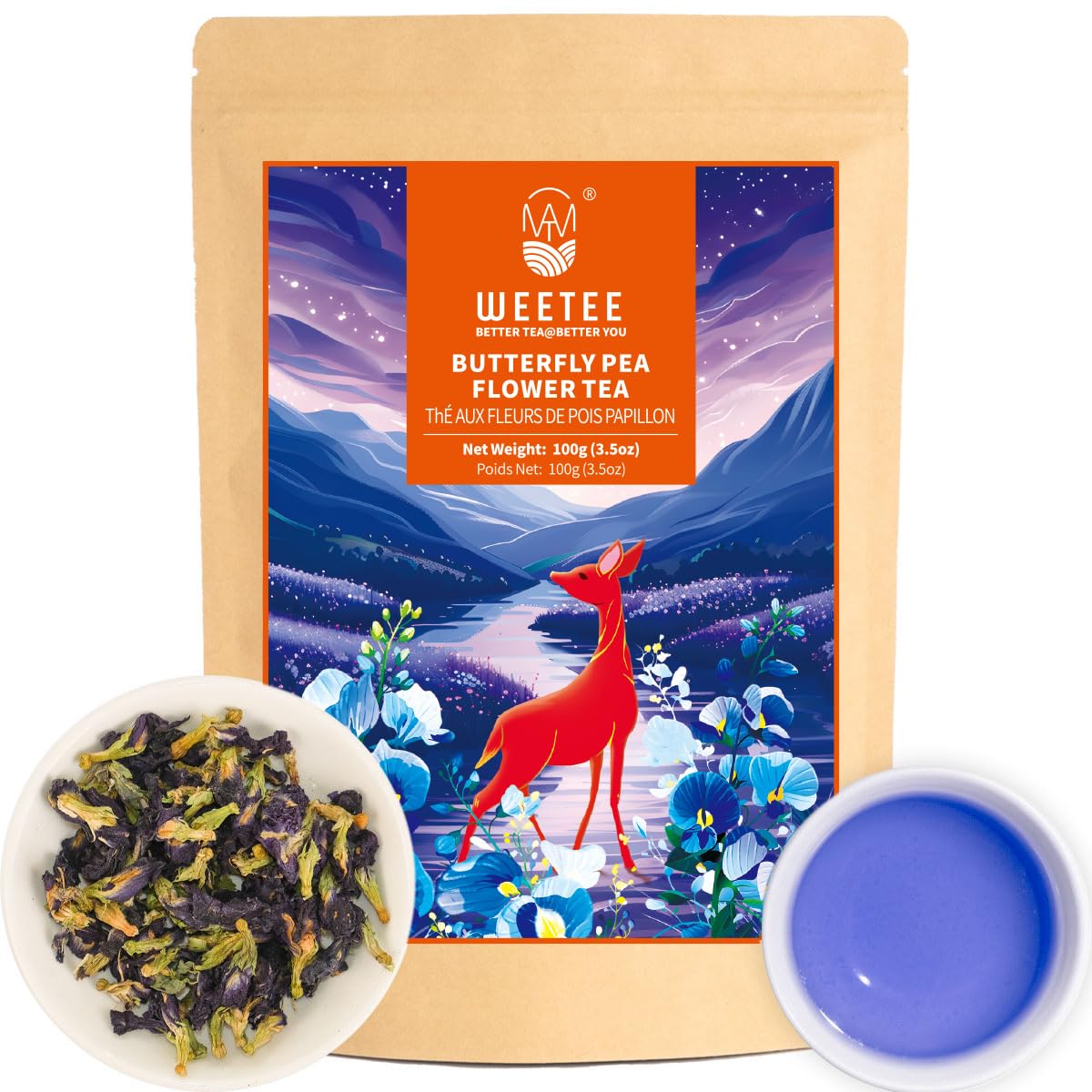 Wt Weetee Butterfly Pea Flower Tea Loose Leaf 100% Natural & Pure From Whole Dried Butterfly Pea Flowers Energy Blend Free Herbal Tea For Blue & Purple Drinks