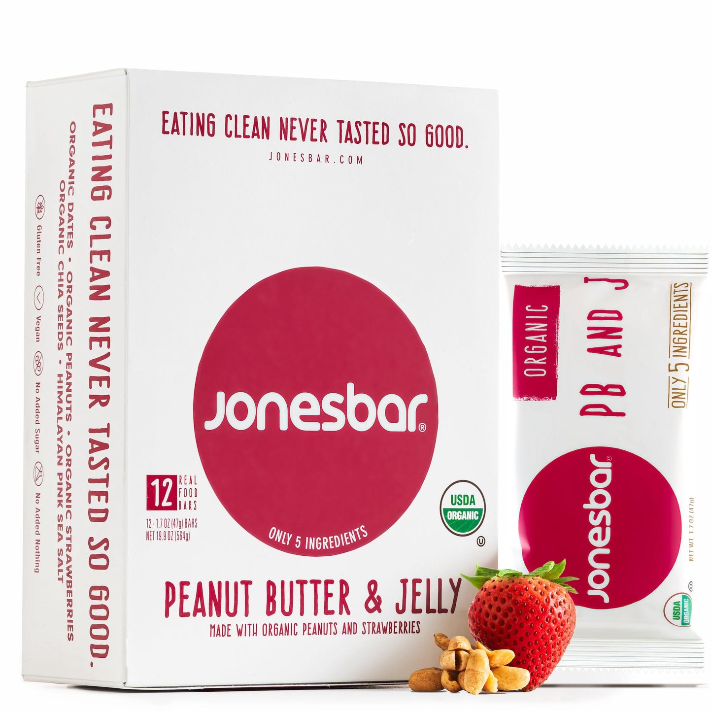 Jonesbar (Peanut Butter And Jelly, 12 Count (Pack Of 1)), Usda Organic Fruit & Nut Bar, Non-Gmo, Kosher, Vegan, Gluten Free, Sim