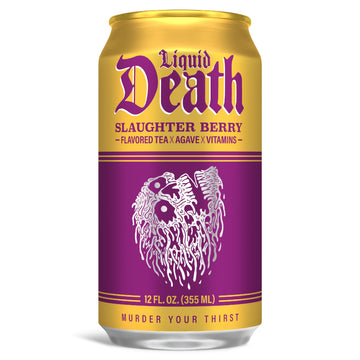 Liquid Death, Slaughter Berry Flavored Iced Tea, 12-Pack (12 Oz Cans), Raspberry Flavored Black Tea, Low Calorie, No Artificial