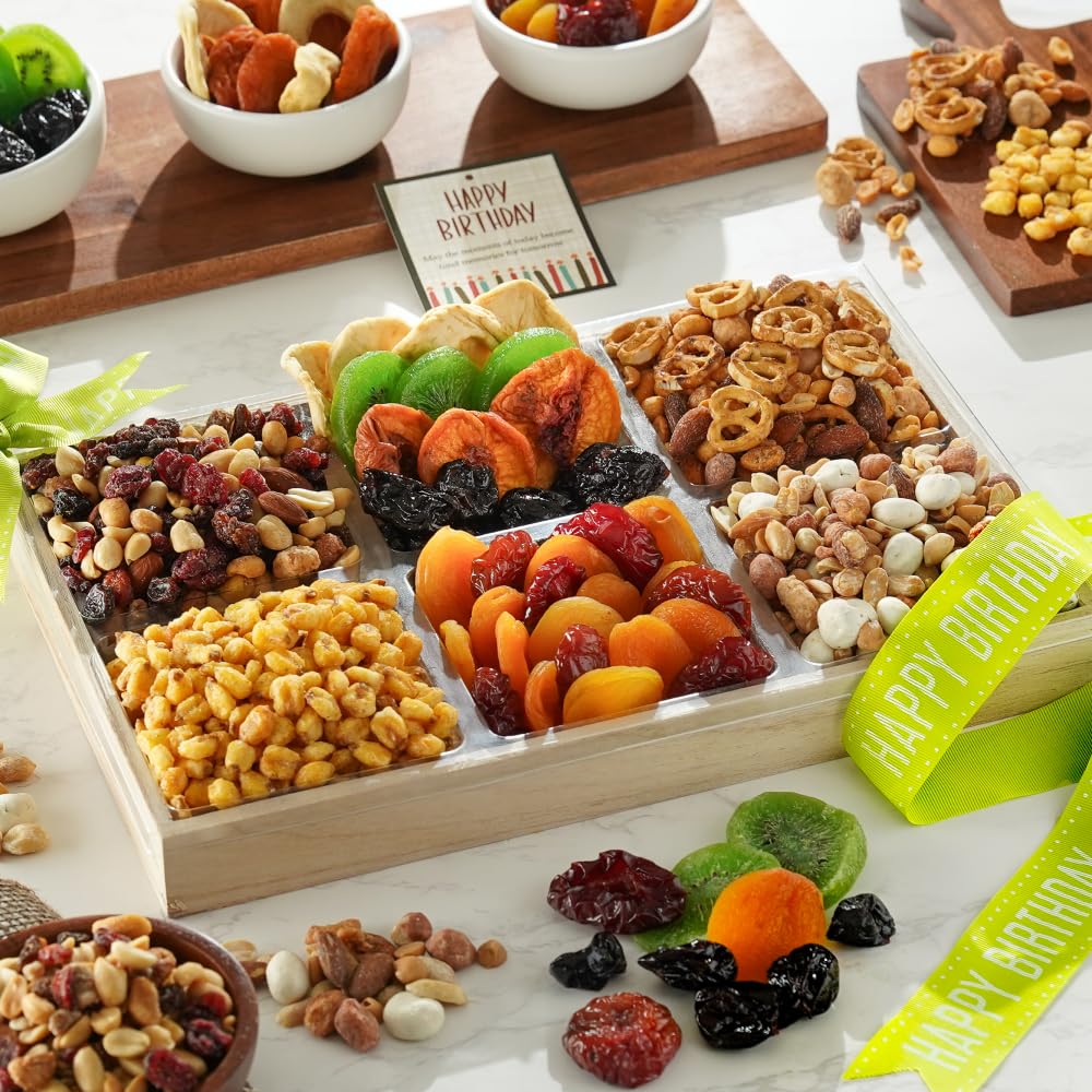Broadway Basketeers Dried Fruit And Nuts Birthday Gift Basket - A Healthy Assortment Of Fruits And Nuts Great For Celebration Corporate Men Women