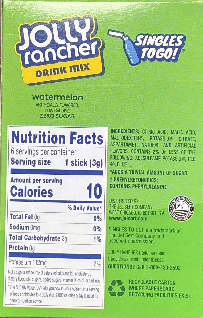Lot of 6 (6-ct.) Boxes Mixed Variety JOLLY RANCHER ~ 3 Green Apple & 3 Watermelon. ~Singles to Go! Sugar Free Drink Mix.