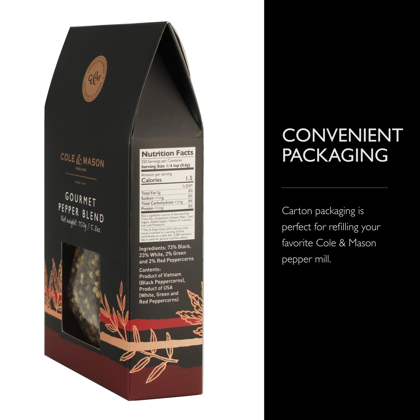 Cole & Mason Gourmet Peppercorn Refill Box - Freshly Ground Flavor For Your Culinary Creations 5.3Oz