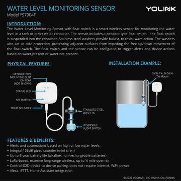 Yolink Lora Smart Water Level Monitoring Sensor, Wireless Battery-Powered Float Switch Alarm, Sump Pump Alarm, Ac Condensate Ove
