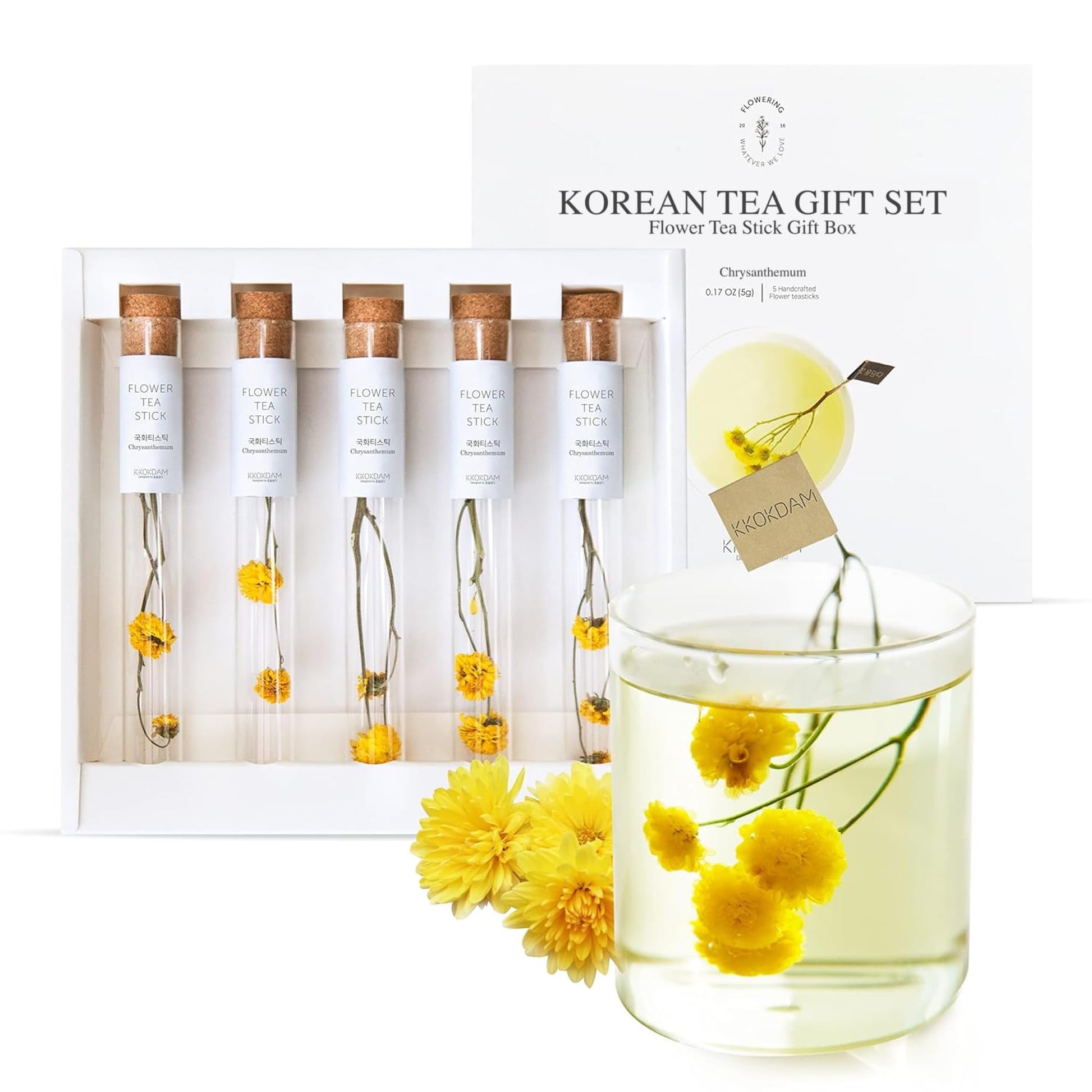 KKOKDAM Tea Gift Set - Chrysanthemum Flower Tea Stick - Loose Leaf Tea Set, Blooming Tea Flowers, Korean Tea Set, Unique Tea Gif