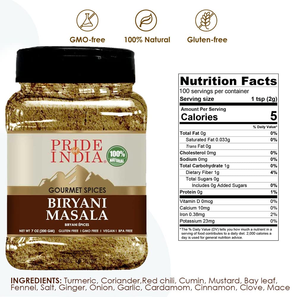 Pride Of India - Indian Biryani Masala Seasoning Spice - 7 oz. Medium Dual Sifter Jar - Easy to Use - Ideal for Layered Vegetabl