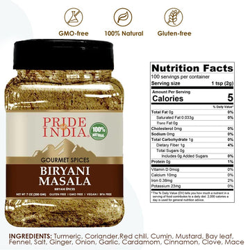 Pride Of India - Indian Biryani Masala Seasoning Spice - 7 oz. Medium Dual Sifter Jar - Easy to Use - Ideal for Layered Vegetabl