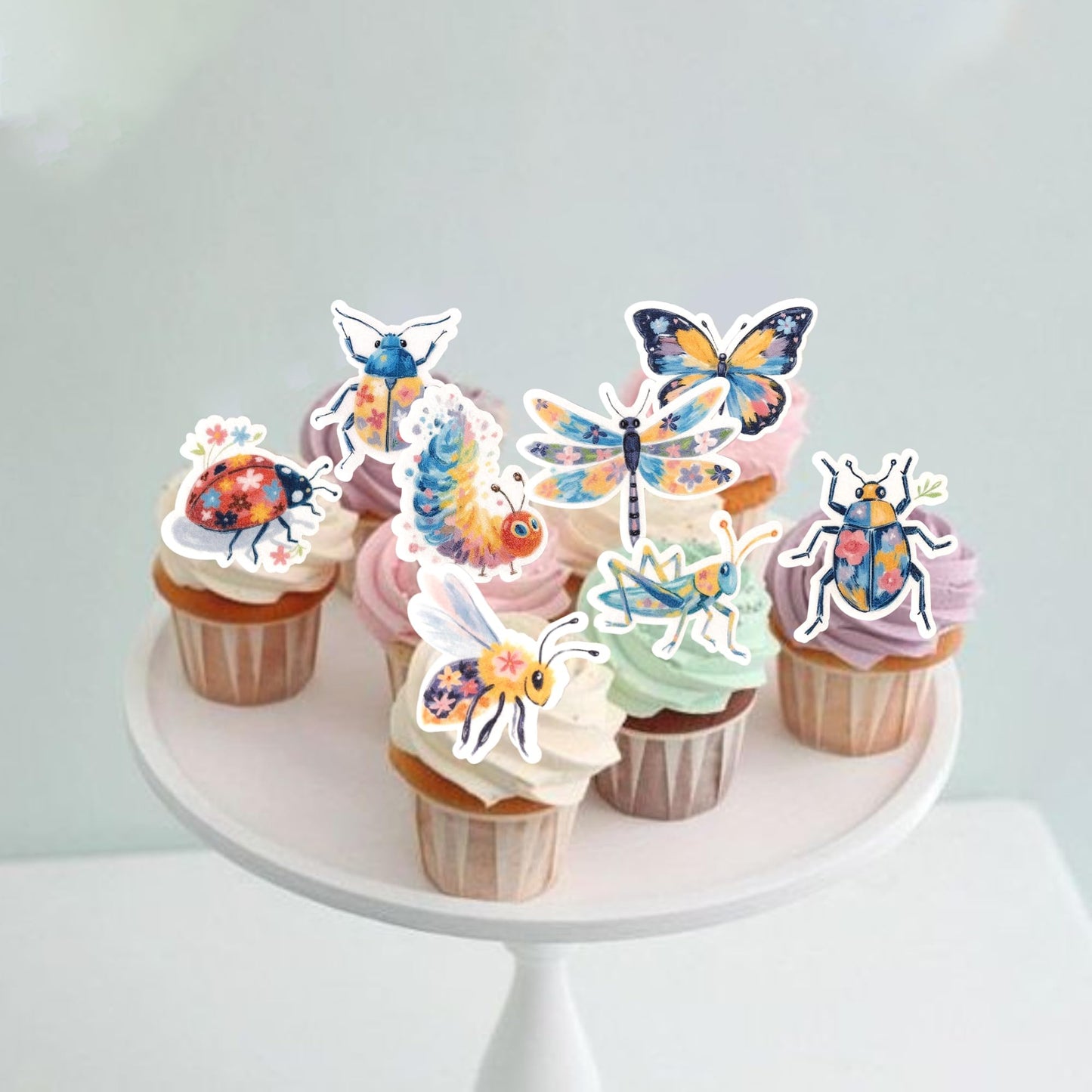 ZHUOWEISM Edible Insect Cupcake Toppers, 60 PCS, Ladybugs, Grasshopper, Dragonfly, Caterpillar, Butterfly, Bee, Design 7
