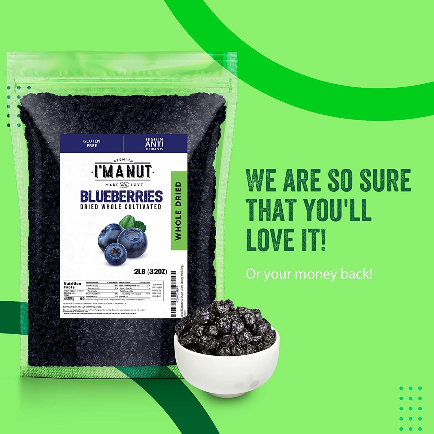Dried Blueberries 1 lb (16 oz) - Gluten-Free & Peanut-Free Slightly Sweetened - Great for Baking & Snacking - Berries with Benefits