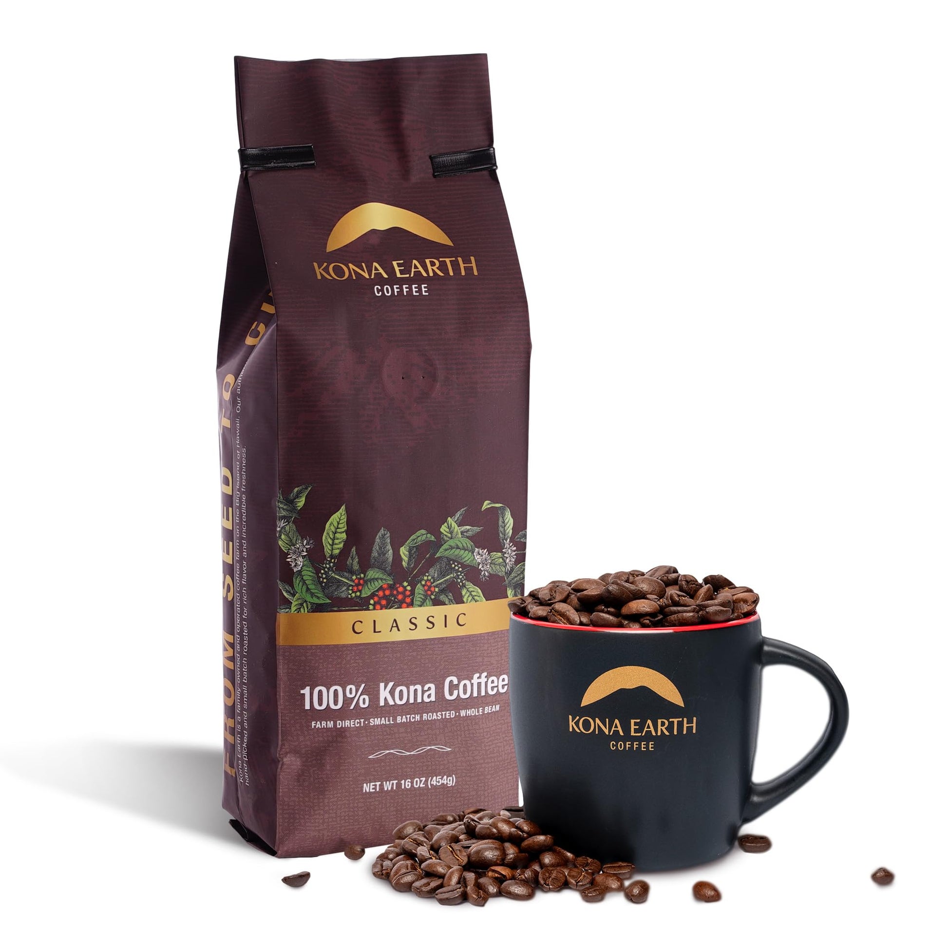 KONA EARTH - Classic, 100% Kona Coffee Beans, Whole Farm-Fresh Classic Medium Roast Coffee Beans, Micro-Batch-Roasted, 1 lb., Pa