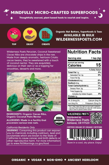 Wilderness Poets Cacao Nibs (Sweetened with Coconut Nectar) - Raw Organic Cacao Nibs - 100% Peruvian Heirloom Cacao (Criollo Var
