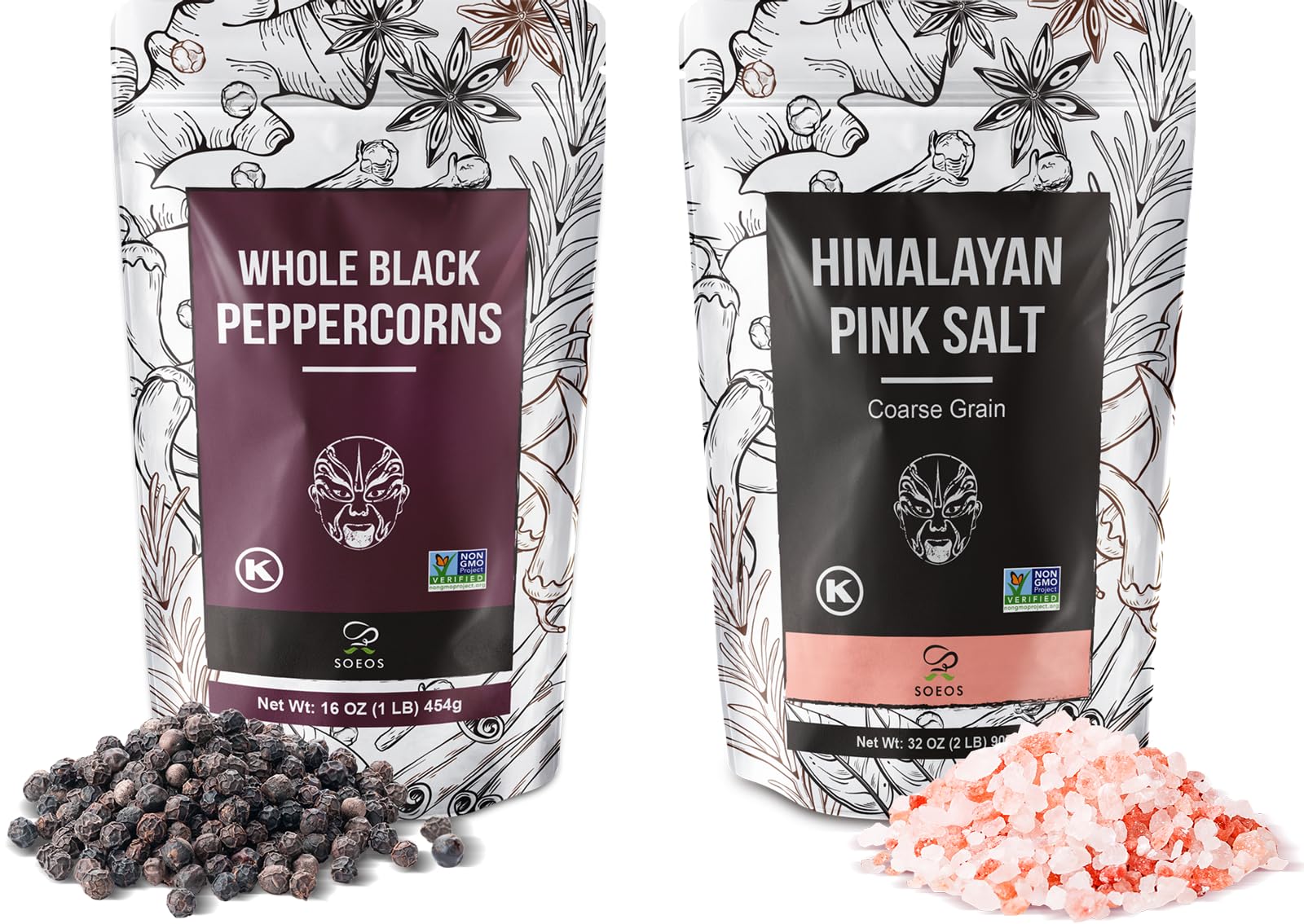 Soeos Whole Black Peppercorns 16Oz + Himalayan Pink Salt 2Lb, Salt And Pepper For Grinders, Black Peppercorn Refil, Pink Himalayan Sea Salt, 2 Piece Set
