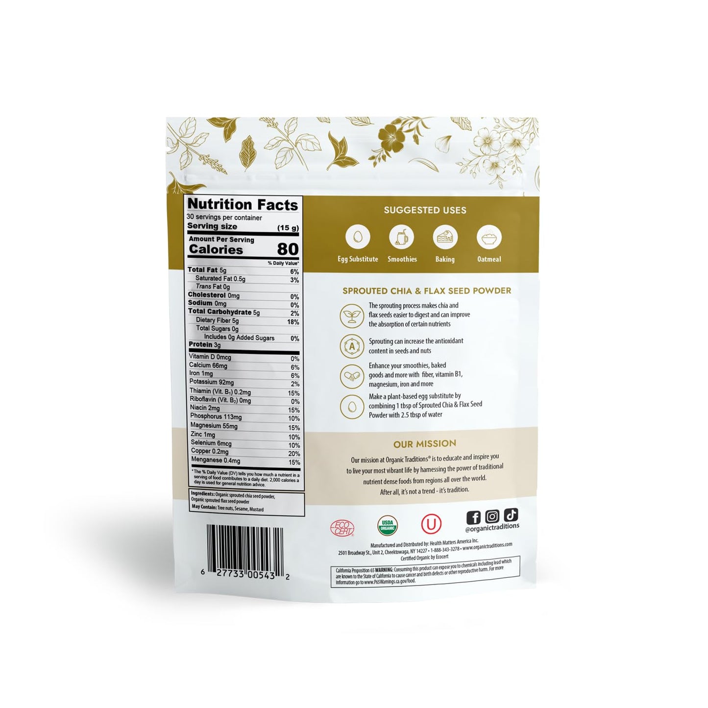 Organic Traditions Sprouted Chia And Flax Seed Powder Organic Chia And Organic Flax For Plant Based Non-Gmo Superfood 454G/16Oz Bag