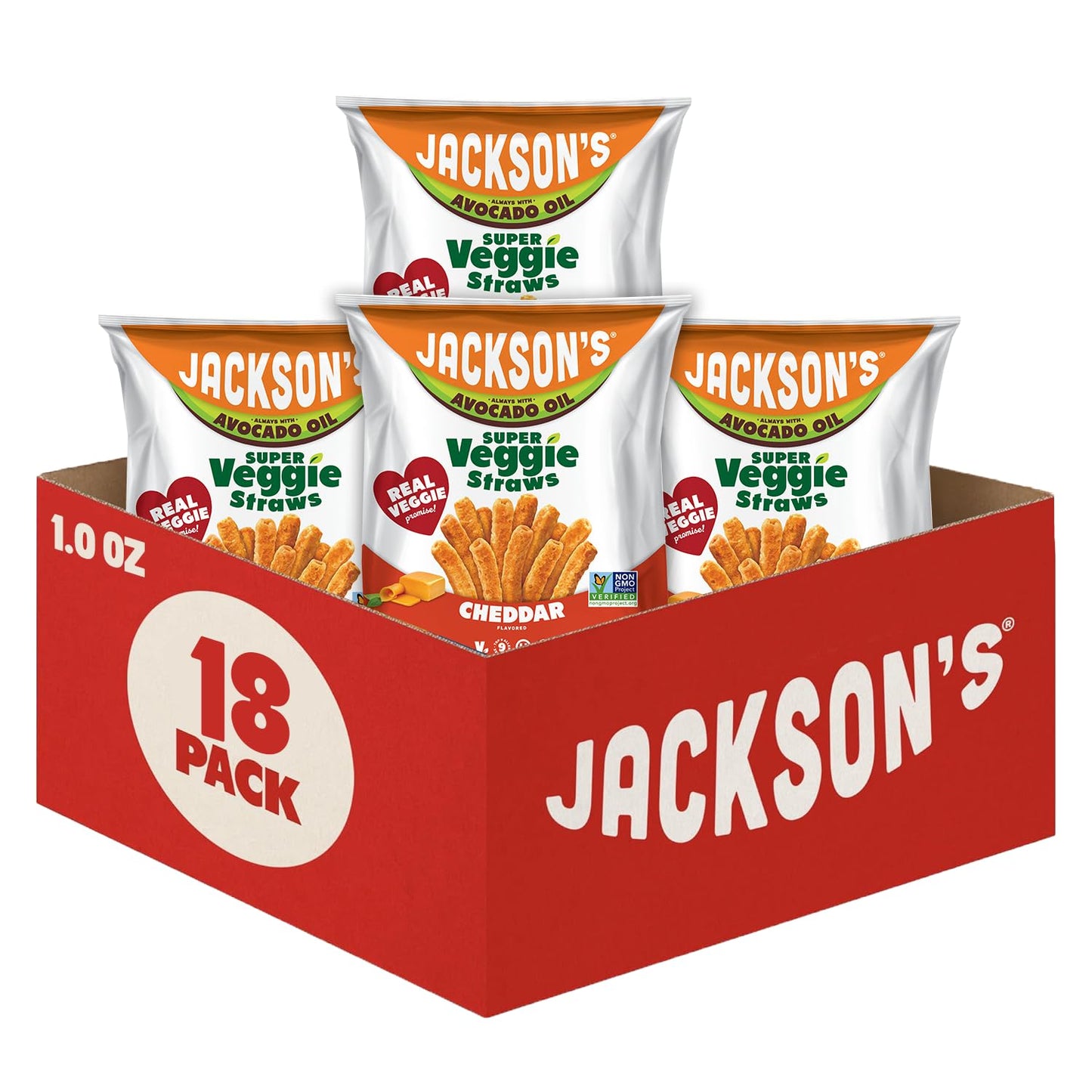 Jacksons Super Veggie Straws (Cheddar, 1 oz, Pack of 18) - Gluten Free, Vegan, Snacks for Kids & Adults - Made with Avocado Oil