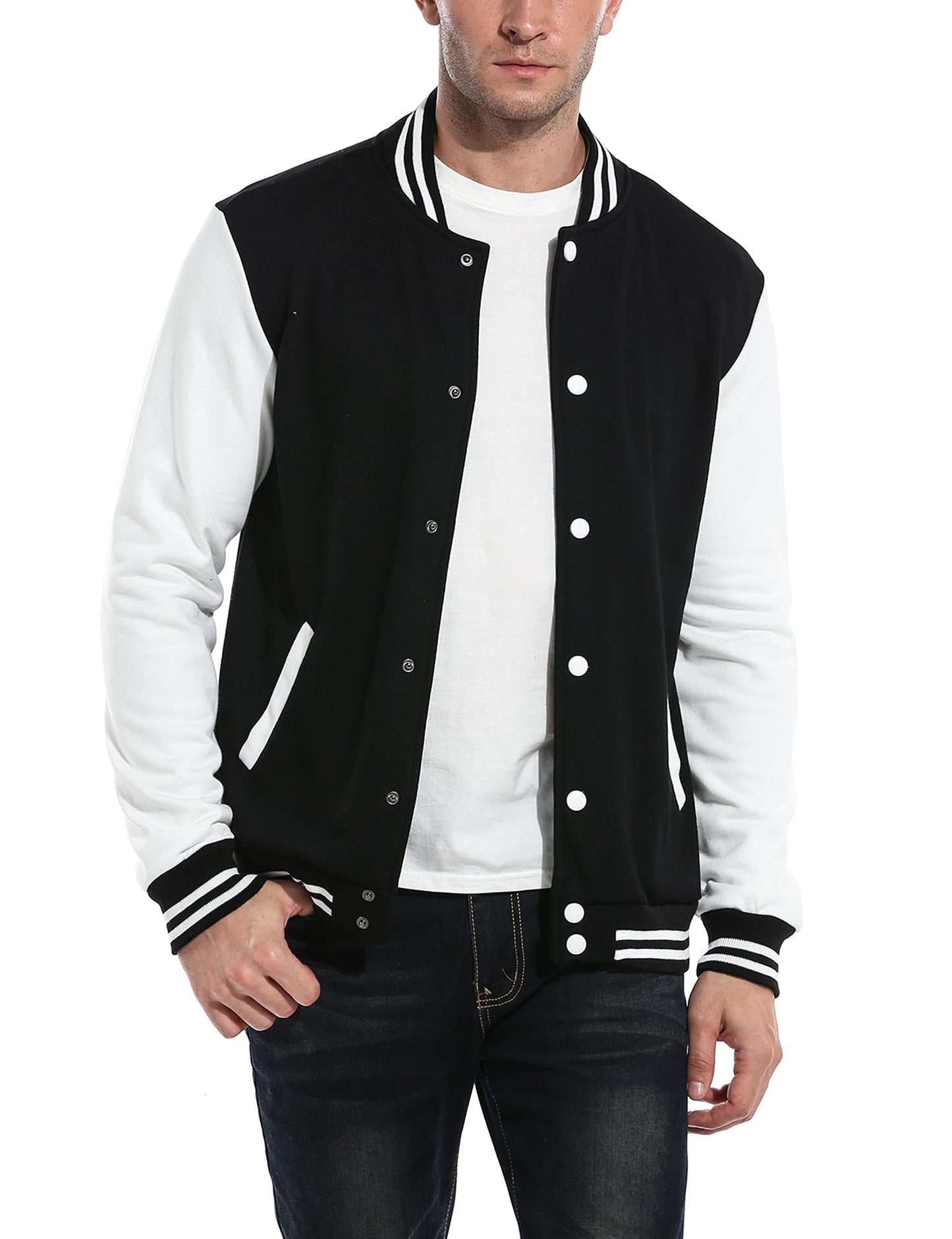 Coofandy Men Fashion Long Sleeve Button Front Cotton Bomber Baseball Jacket(Black,Xx-Large)