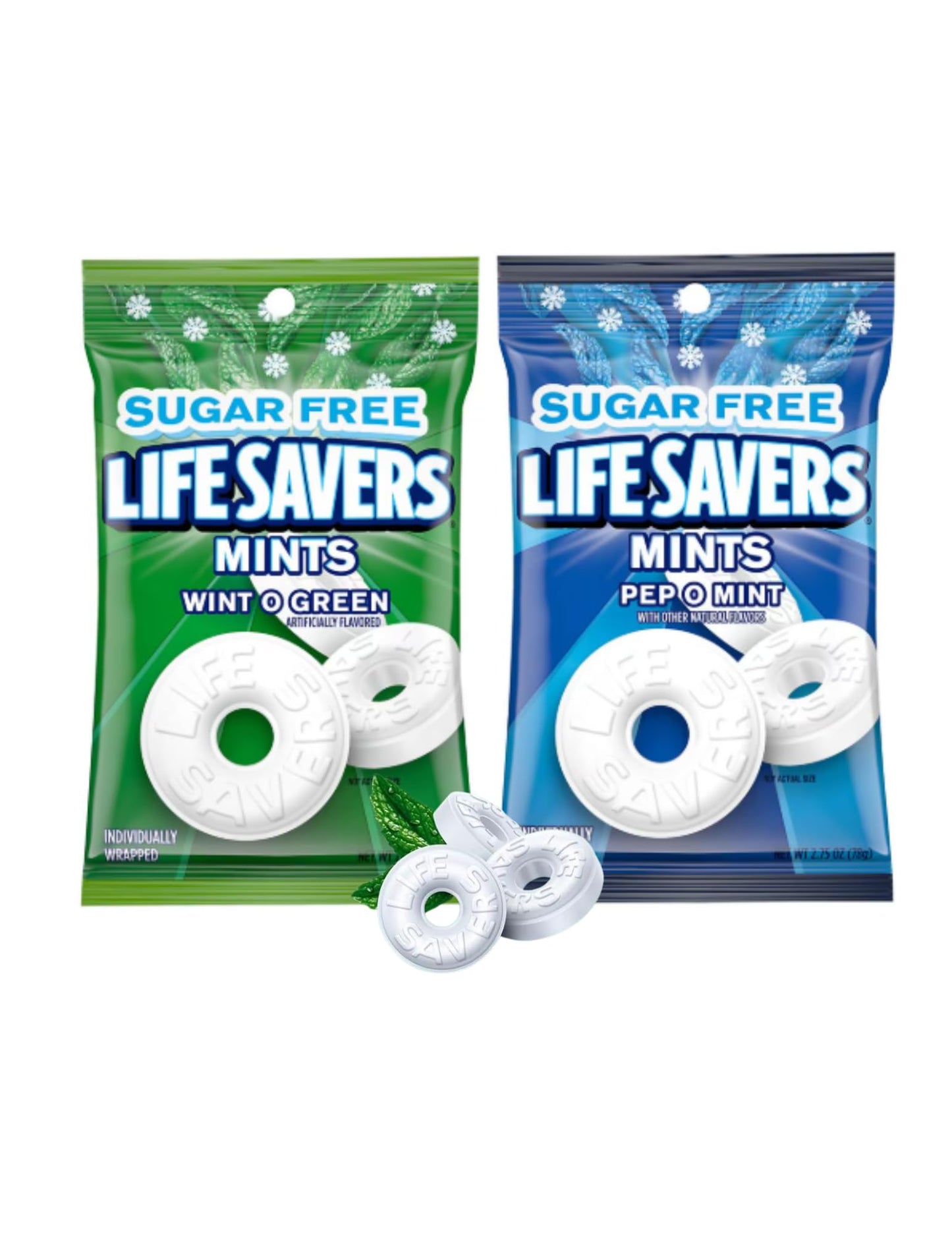 Sugar Free Lifesavers Mints - 2 Flavors - Life Savers Wint O Green and Pep O Mint - 2.75oz each | Packaged by Leathnu Foundry (P