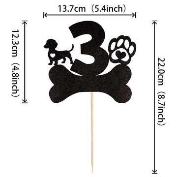 1 Pcs 3Rd Birthday Cake Topper Black Glitter Dog Paw Three Years Old Birthday Puppy Dog Bone Cake Pick For Let'S Pawty Baby Show