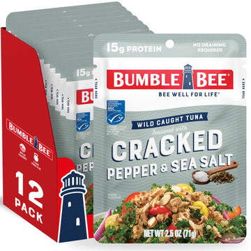 Bumble Bee Cracked Pepper & Sea Salt Seasoned Tuna, 2.5 Oz Pouches (Pack Of 12) - Ready To Eat - Wild Caught Tuna Pouch - 15G Protein Per Serving - Gluten Free
