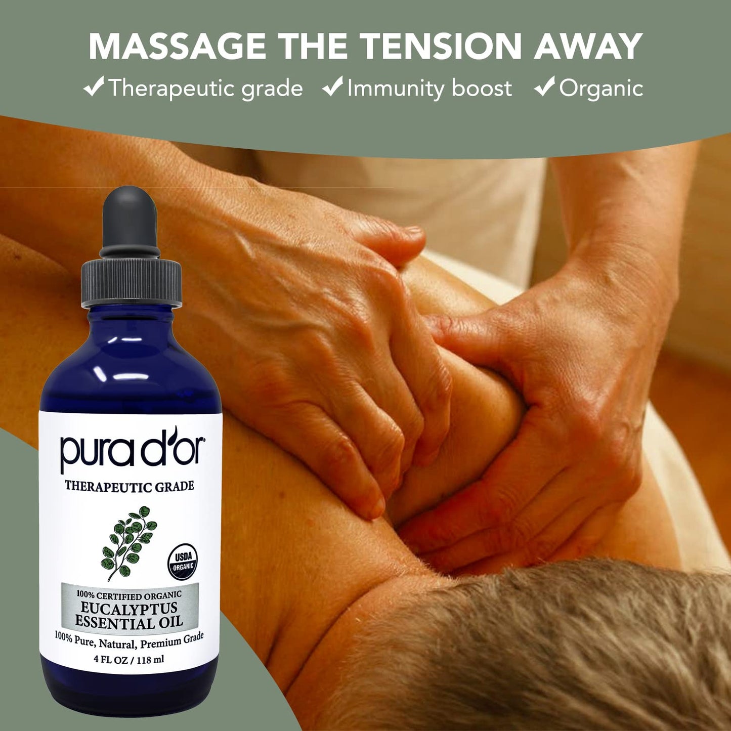 Pura D'Or Organic Eucalyptus Essential Oil (4Oz With Glass Dropper) 100% Pure & Natural Therapeutic Grade For Hair, Body, Skin,