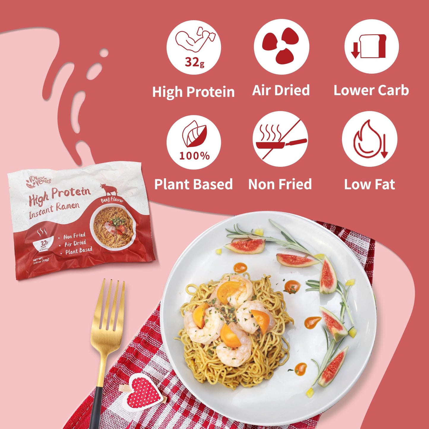 Volo Vero High Protein (32G) Instant Ramen Noodles Spicy Beef    Flavor Soup, 8 Pack, Plant-Based, Low Carb, Air-Dried, Non-Frie