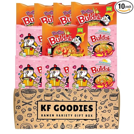 KF GOODIES Korean Ramen Variety Pack Gift Box (10 Count) – Spicy Buldak Noodle Assortment for Birthdays, College Care Packages, Office Snacks, and Gift Baskets