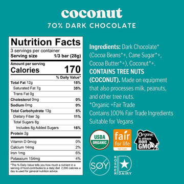 Theo Chocolate Coconut Organic Dark Chocolate Bar, 70% Cacao, 12 Pack | Vegan, Fair Trade