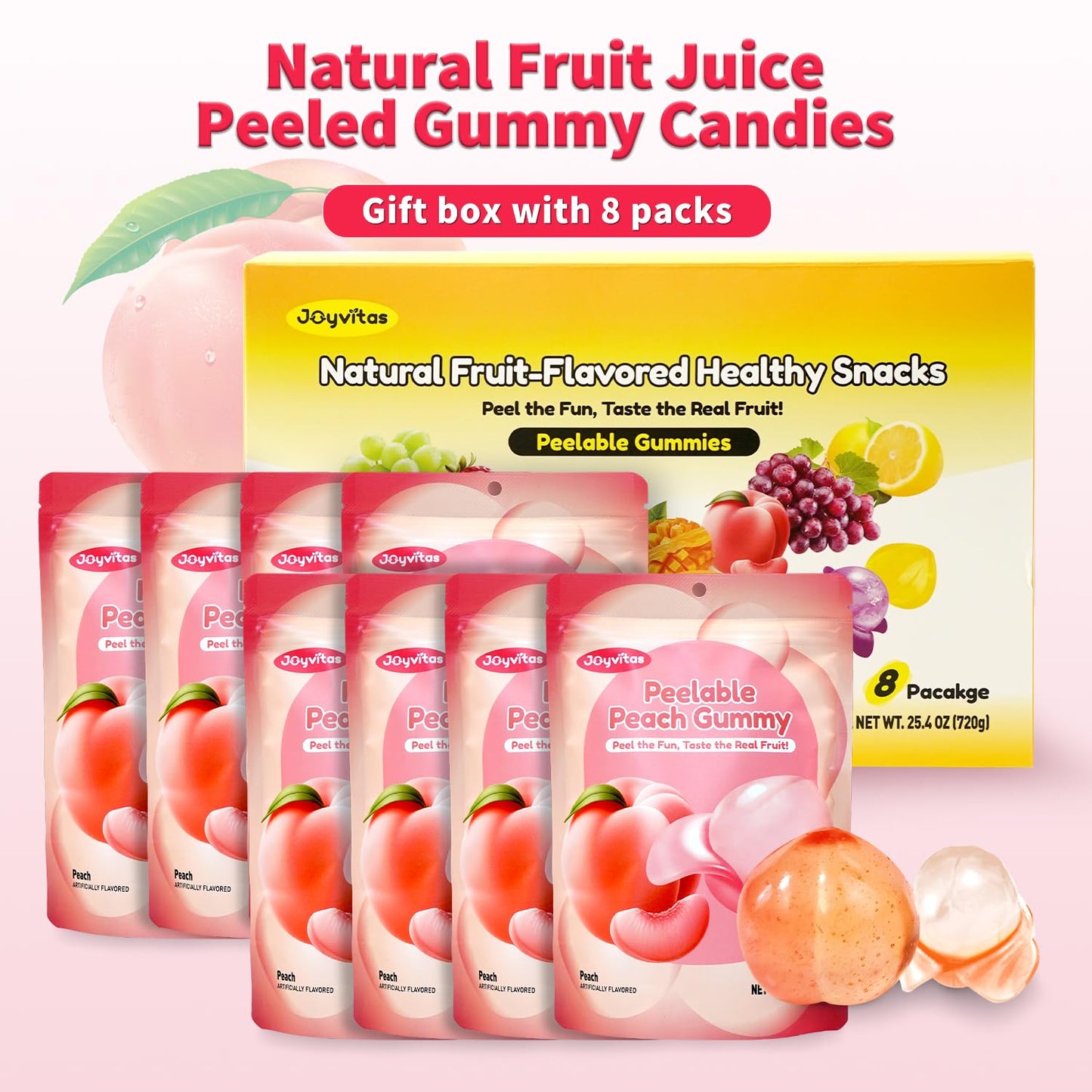 Joyvitas Peelable Gummy Peach Candy, Low Sugar, Individually Wrapped, Resealable Snacks, 25.4oz (Pack of 8)
