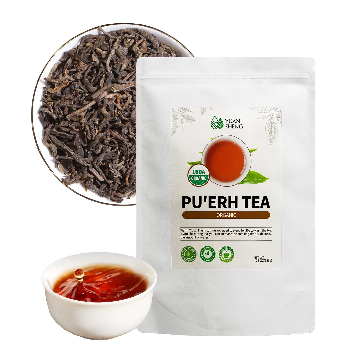 Yuansheng Pu-Erh Tea Loose Leaf Organic Yunnan Aged Fermented Tea Rich Antioxidants Usda Organic Ripe Puerh Tea Deep Earthy Flavor Digestive Health & Wellness Tea 4.23 Oz
