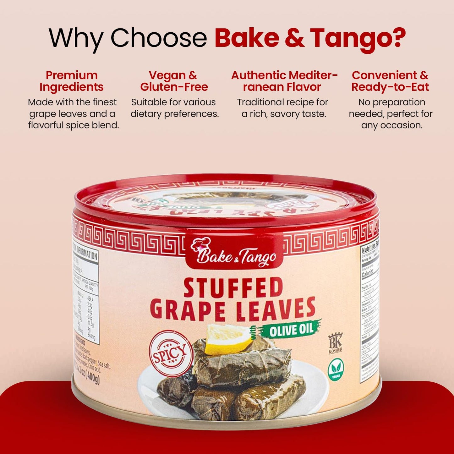 Bake And Tango - Stuffed Grape Leaves With Olive Oil, Spicy, Kosher, Vegan, 14.1 Oz (Pack Of 6) | Gourmet Mediterranean Delight