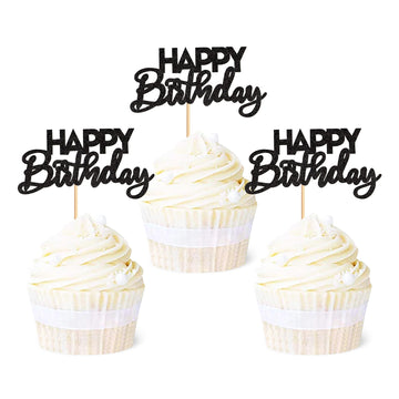 Ercadio 24 Pack Happy Birthday Cupcake Toppers Black Glitter Assembled Birthday Cupcake Picks Birthday Cake Picks For Baby Showe