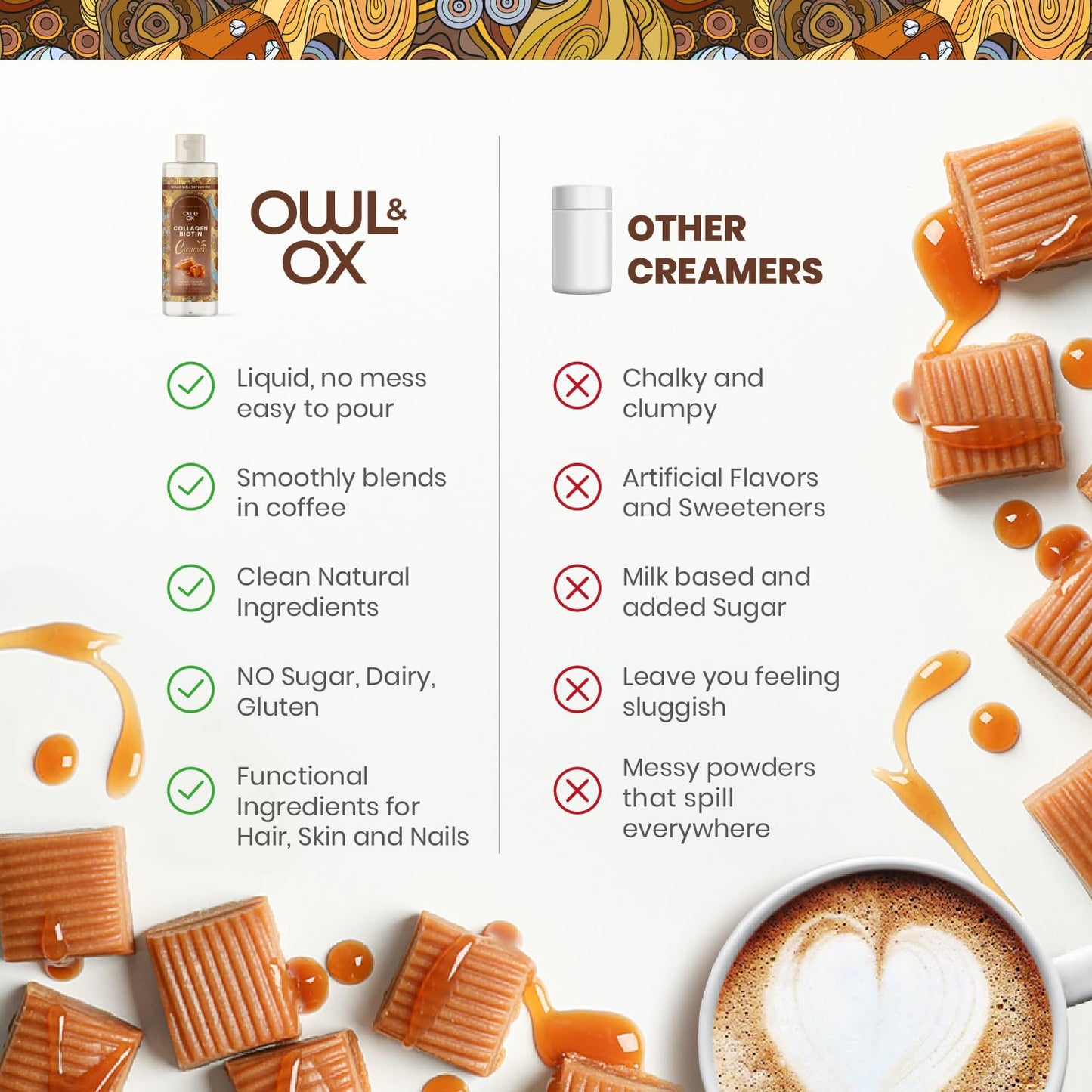 Owl & Ox Collagen Coffee Creamer With Biotin Healthy Hair, Skin And Nails | Liquid Blend, Gluten Free, Sugar Free, Dairy Free, &