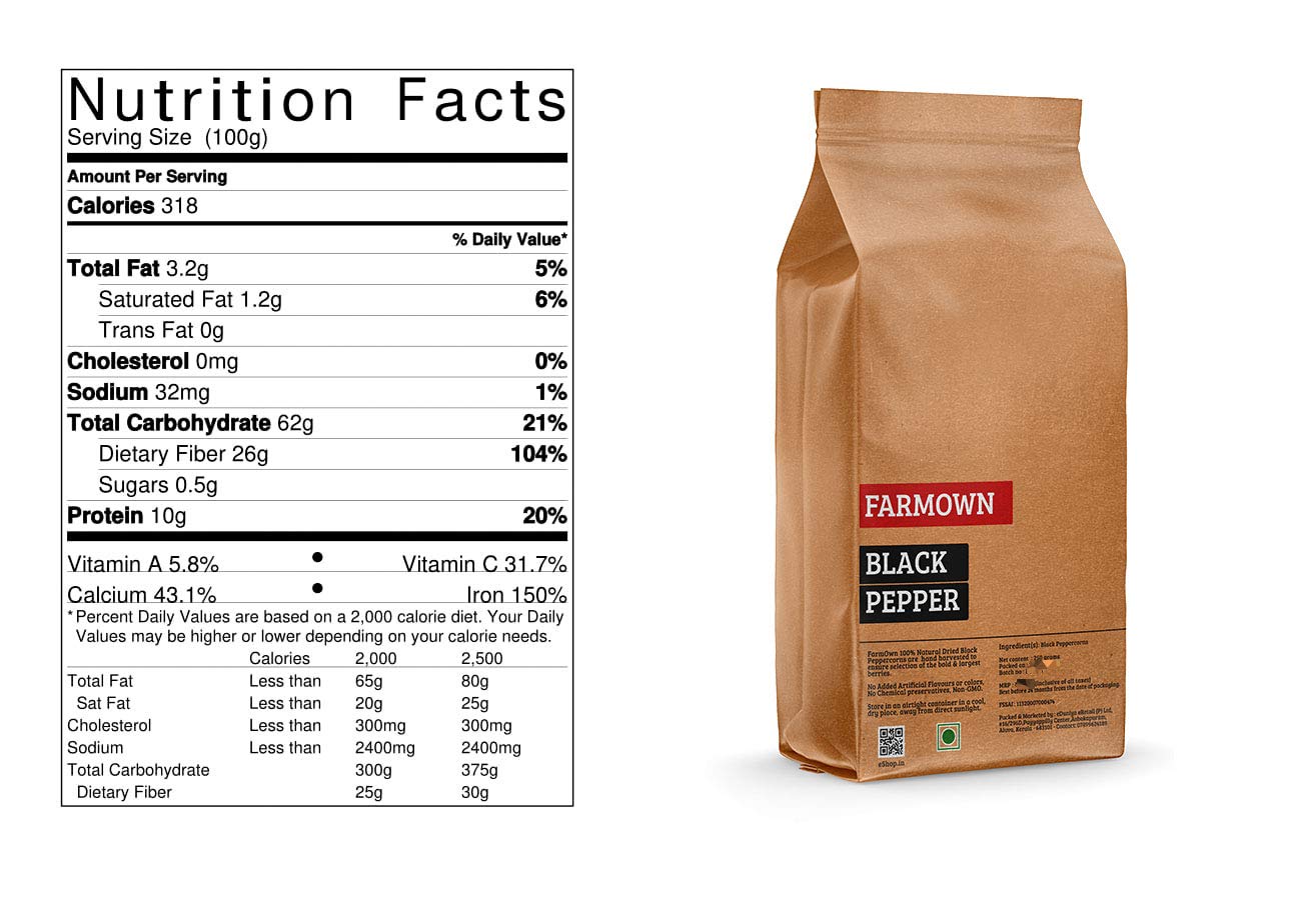 Farmown Black Pepper Whole Peppercorn (250 Grams)