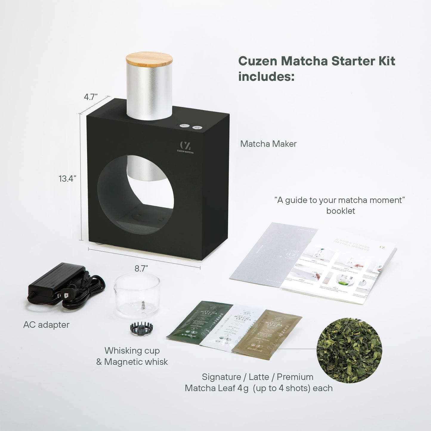 Cuzen Matcha Matcha Maker Starter Kit - Sumi Black, Plastic, 13.4"x8.7"x4.7", Model CZSKN3NBK, Freshly Ground Organic