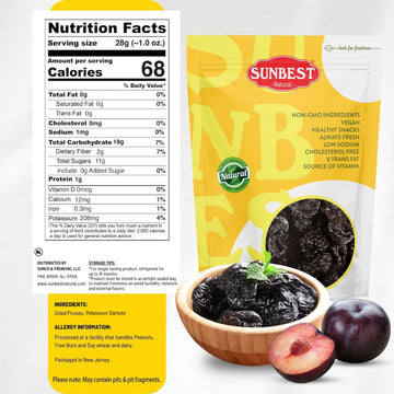 Sunbest Natural Jumbo Pitted Prunes 48Oz (3Lb) 1 Pack - Tender, Succulent, Nutrient, Rich Snack - Fiber & Antioxidants Source - Kosher Certified - Ideal For Snacking & Cooking - Long Lasting Freshness