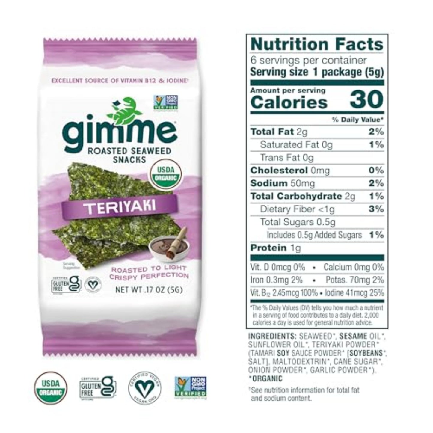 gimMe Organic Roasted Sea Snacks, Teriyaki, Keto, Vegan, Gluten-Free, 6 Count, Model 532DD