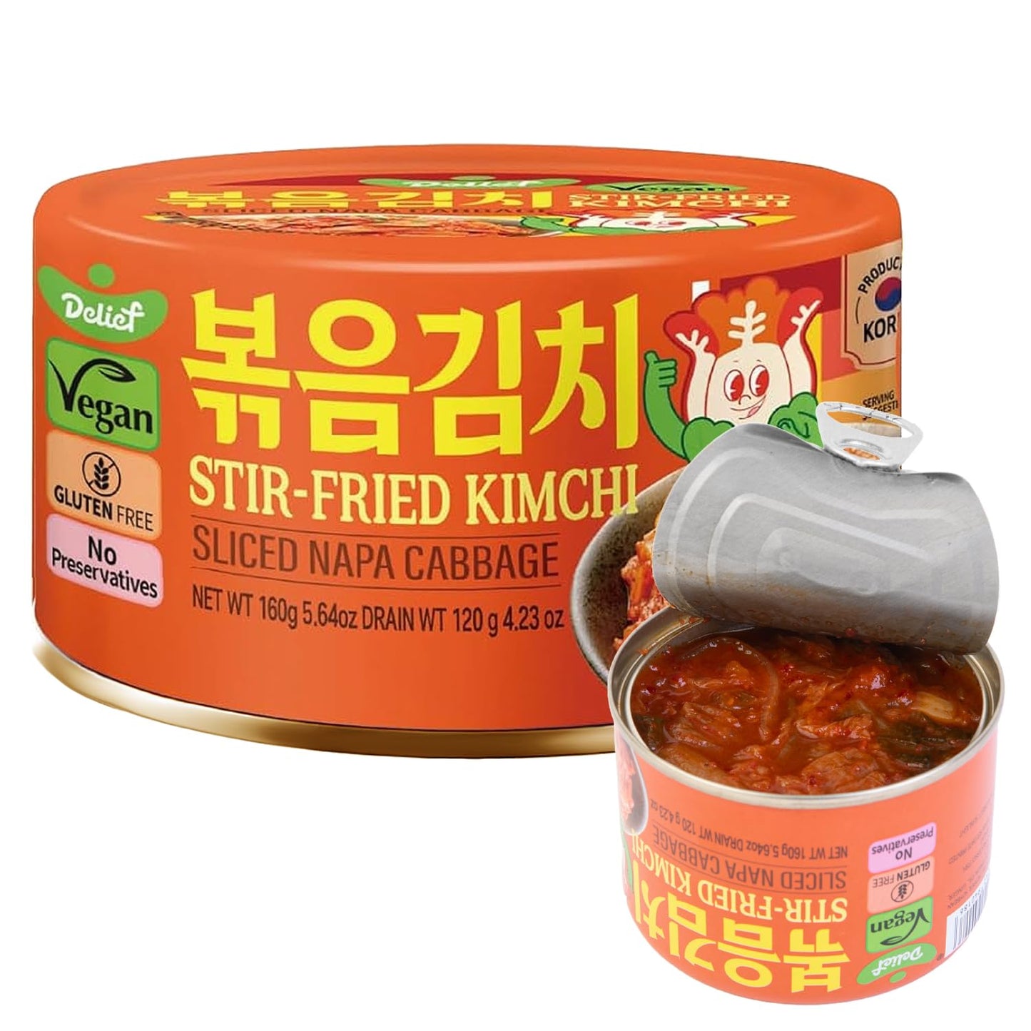 DELIEF Stir-Fried Cabbage Kimchi - Authentic Korean Cabbage, Vegan, Gluten-Free, Shelf-Stable Canned, No Preservatives, 5.64 oz/