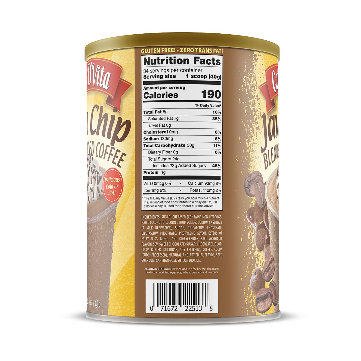 Caffe DVita Java Chip Latte Frappe Mix - Gluten Free, Low Fat, 3 lb Can