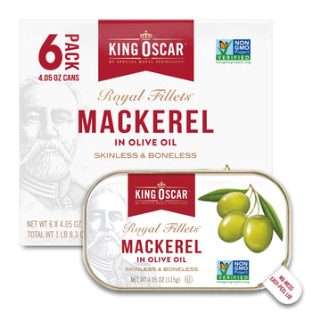 King Oscar Mackerel In Olive Oil, 4.05 Ounce Can (Pack Of 6, Packaging May Vary), Skinless & Boneless, Wild Caught Canned Mackerel