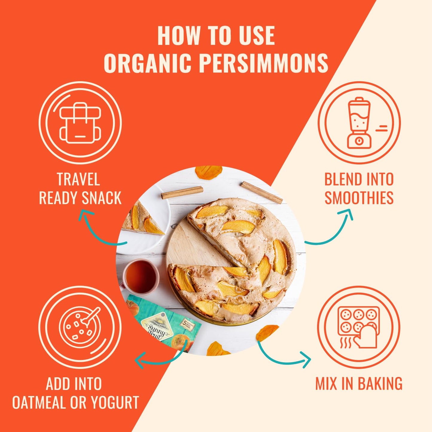 Sunny Fruit Organic Dried Persimmons - 1 Bag (5 Individual Portion Packs) | Healthy, Convenient Snack Packs | Organic, Non-Gmo,