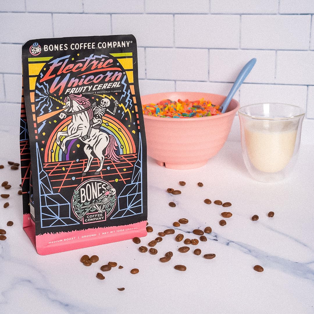 Bones Coffee Company Electric Unicorn Flavored Whole Coffee Beans Fruity Cereal With Milk Flavor | 12 Oz Medium Roast Low Acid Coffee | Coffee Gifts & Beverages (Whole Bean)