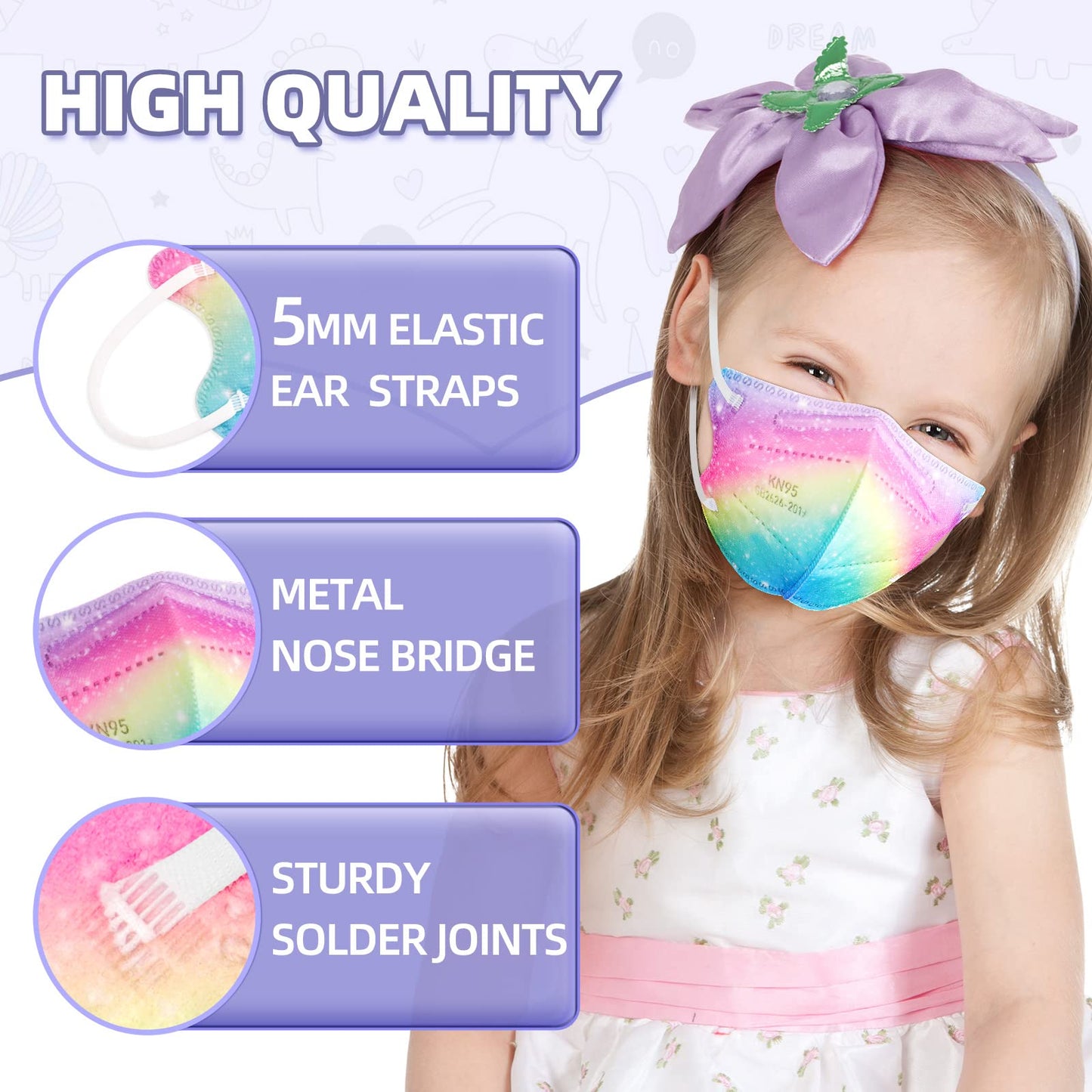 Fenfen Kids Kn95 Face Mask Disposable - 50 Pack Kn 95 Kid Masks Children Small Size Breathable Girls Kids Kn95 Unicorn Mask Masc