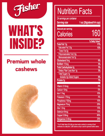 Fisher Snack Premium Whole Cashews, 24 Ounces, Roasted With Sea Salt, No Artificial Colors Or Flavors, 100% Recyclable