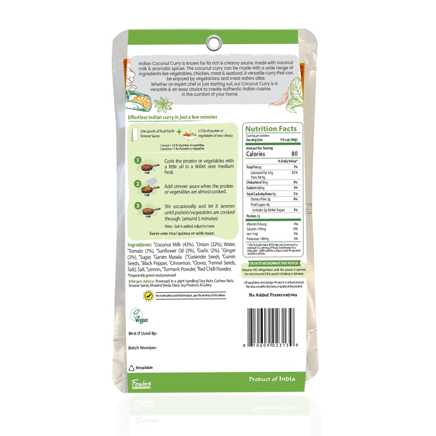 Food Earth Indian Simmeacr Sauce - Coconut Curry - Organic, Vegan, Gluten-Free, Gmo-Free - Microwavable Cooking Sauce - 12 Pouch