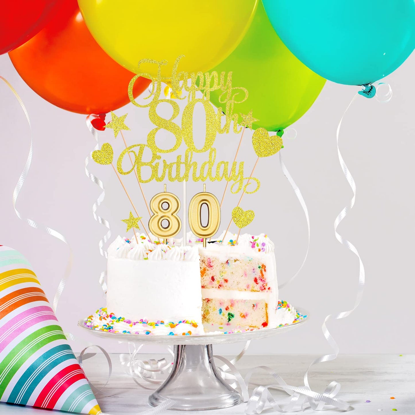 HOGRTi 80th Birthday Cake Decorations Set, Gold Series, Includes Cake Toppers, Candles, and Cupcake Picks
