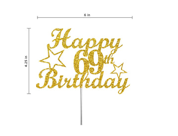 RokAPary 69 Birthday Cake Topper, Gold Glitter, Acrylic, Sturdy Double-Sided, Made in USA, Model RCT217