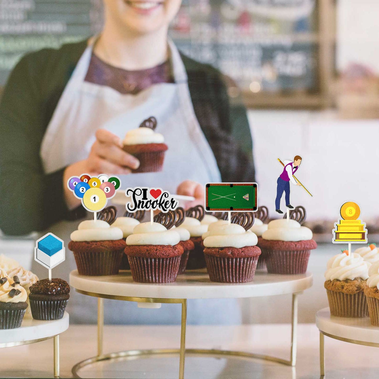 Mefeng Snooker Theme Cupcake Toppers,Billiards,Club,Medals,Table, I Love Snooker Sign, Funny Kit Ball Games Cupcake Toppers, Spo